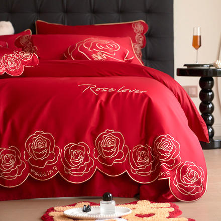 现代婚庆全棉床单结婚四件套100支结婚大红刺绣被套玫瑰床上用品