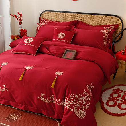 婚庆纯棉100支长绒棉四件套大红色刺绣被套全棉1.8m结婚床上用品