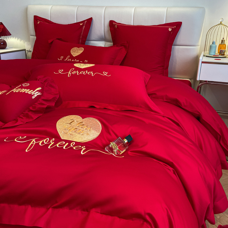 中式全棉60支结婚床上用品四件套婚庆纯棉床单被套大红色床上用品