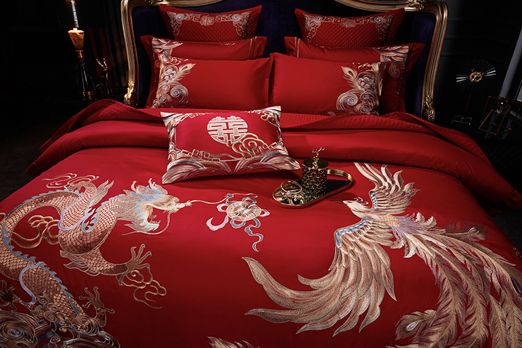 大氣龍鳳刺繡全棉紅色純棉四件套床上用品