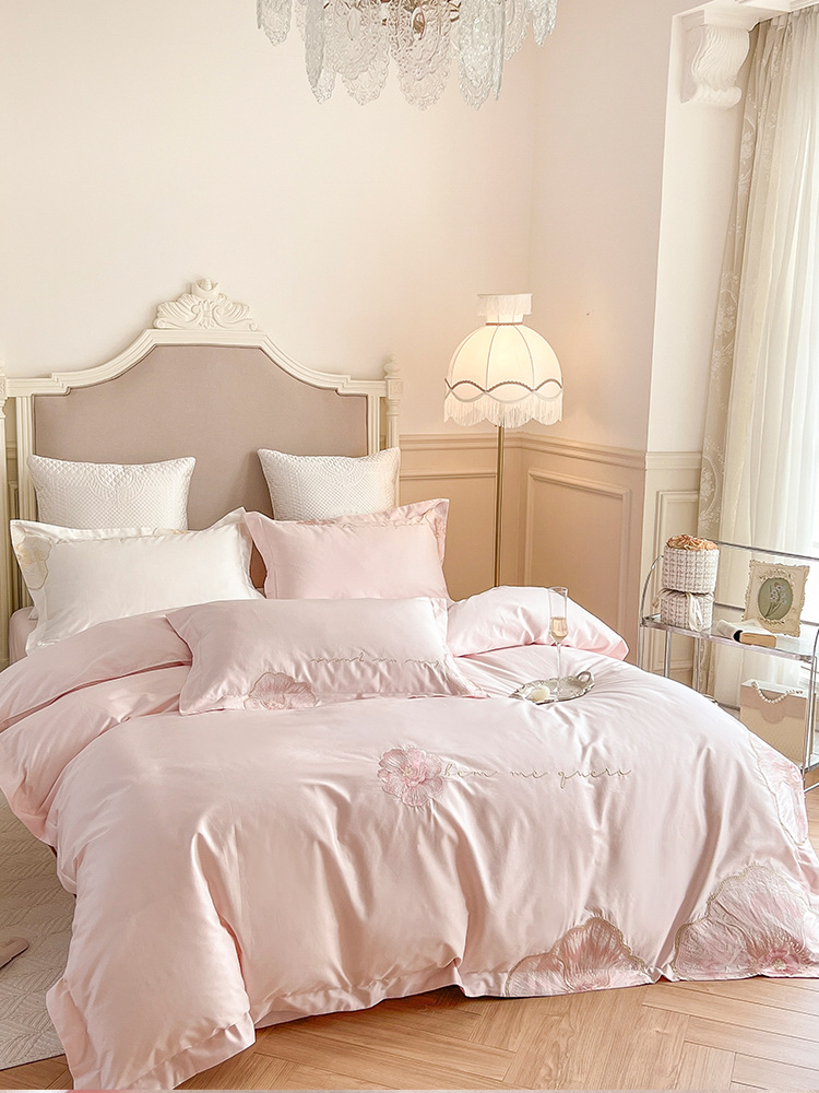 高檔粉白色100支長絨棉結婚床品日常四件套純棉貢緞床單被套花卉刺繡輕奢田園