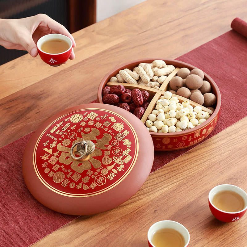喜字紅色結婚果盤客廳喜糖盤喜慶陶瓷果盤