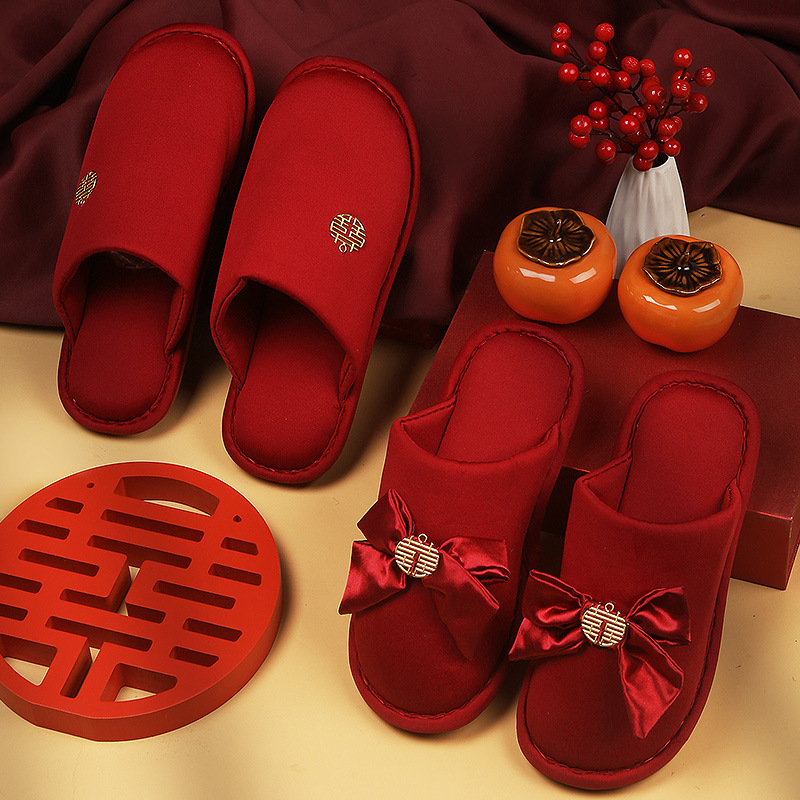 結婚棉拖鞋大紅色婚慶喜慶新娘陪嫁用品室內情侶本命年秋冬季拖鞋
