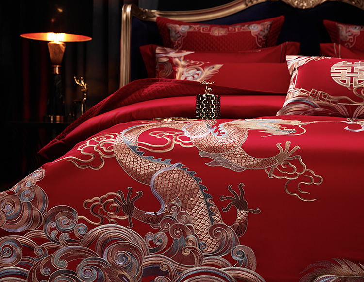 大氣龍鳳刺繡全棉紅色純棉四件套床上用品
