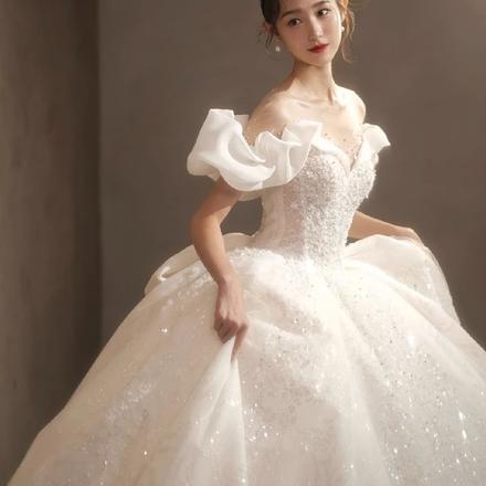 法式一字肩白色婚紗小個子2023新款新娘高級質感在逃公主齊地主紗