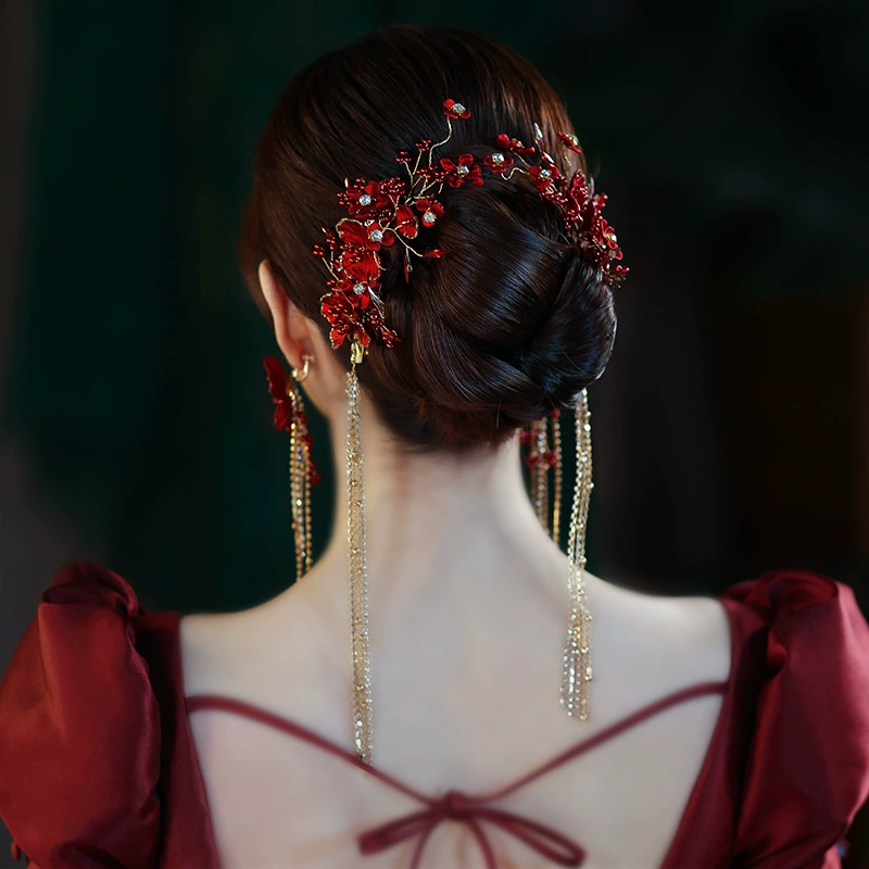 新娘敬酒服頭飾紅色對夾發飾簡單大氣結婚禮服新中式秀禾服配飾品