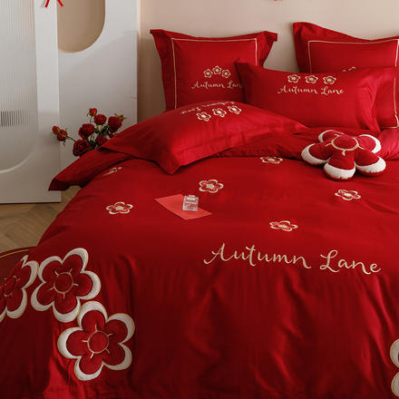 happylove红色结婚四件套婚床上用品100S全棉喜被刺绣新婚庆