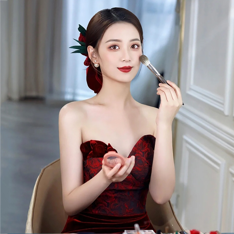 敬酒服头饰新娘森系仙酒红色郁金香花朵发簪绒布发带婚礼服配饰