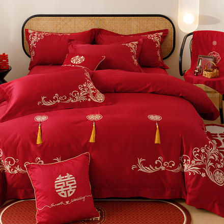 中式婚庆长绒棉全棉四件套大红色刺绣流苏纯棉结婚礼床上用品