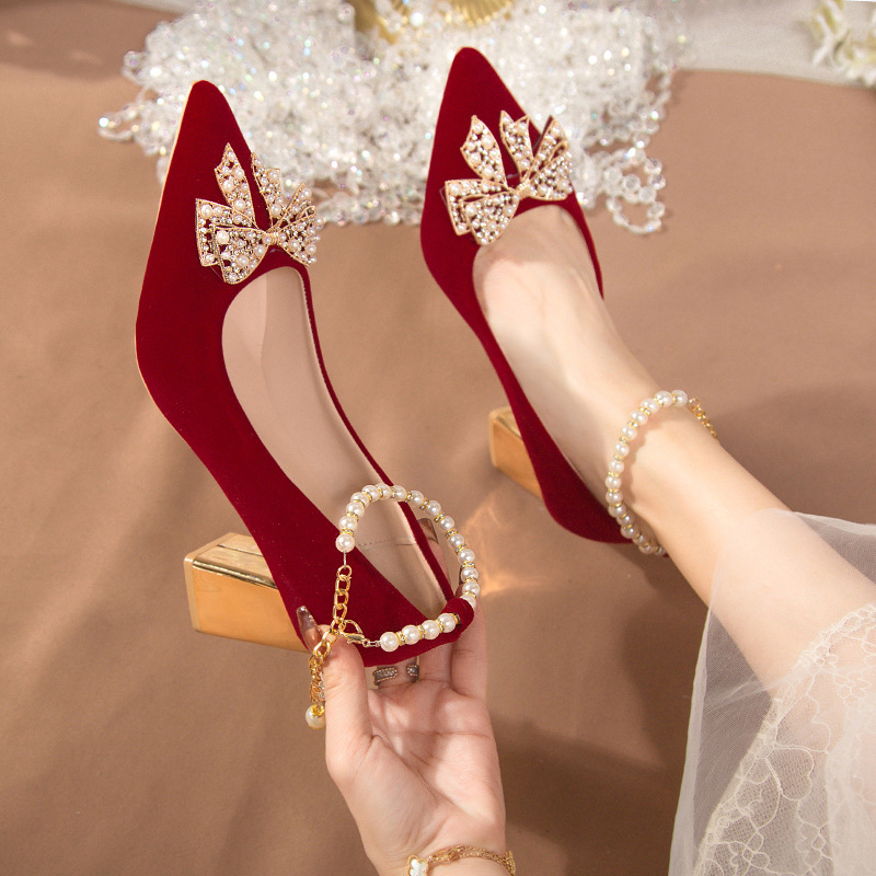【現貨速發】婚鞋女粗跟2023秋冬新款新娘紅色不累腳婚紗秀禾服兩穿