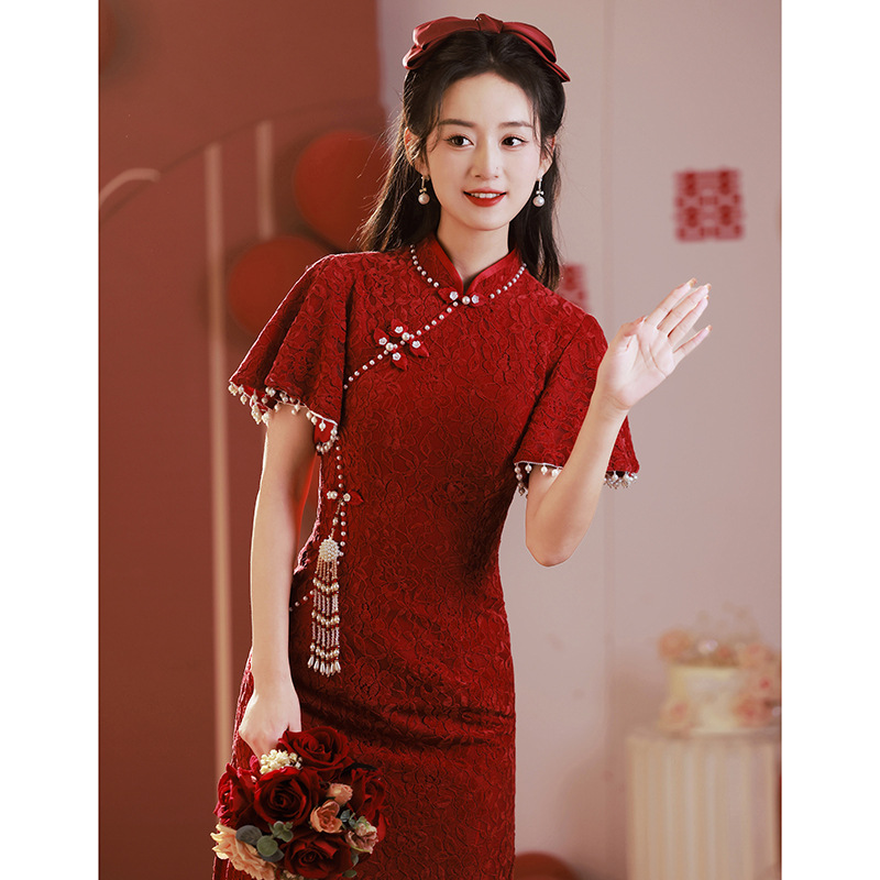 敬酒服新娘新中式小個子酒紅色旗袍2023新款夏季蕾絲訂婚禮服裙女