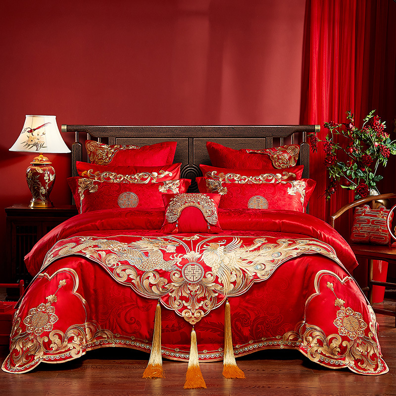 新中式婚房大红色刺绣婚庆四件套喜结婚婚礼床旗床上用品十件套