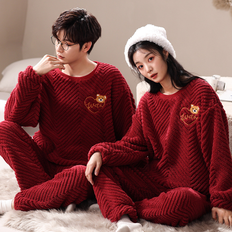 紅色喜慶加厚加絨珊瑚絨情侶睡衣冬季新款休閑保暖外穿男女家居服