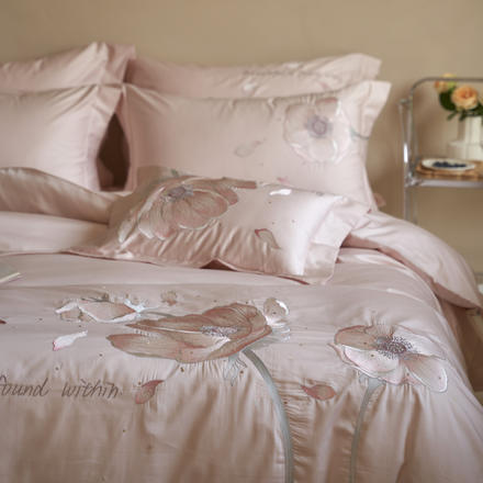 高端刺绣花卉100支长绒棉四件套全棉亲肤四季款粉色床单被套床品