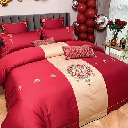 新中式婚庆60支长绒棉四件套大红色双喜刺绣纯棉被套结婚床上用品