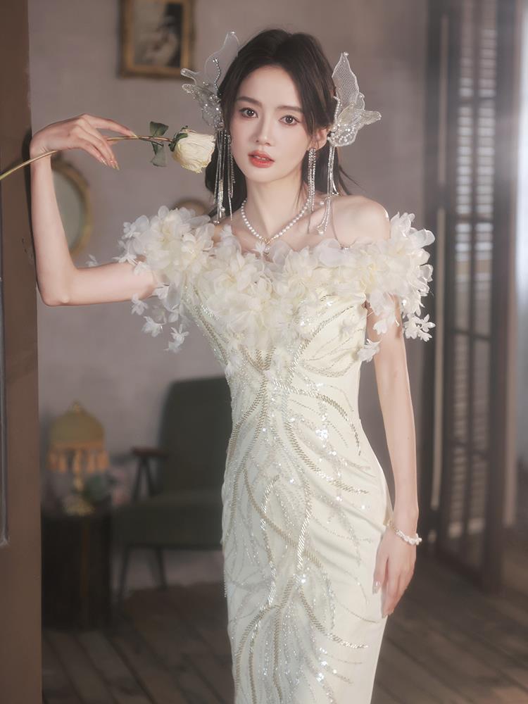 超仙晚禮服裙輕奢小眾高端2023新款一字肩魚尾宴會氣質高級感白色