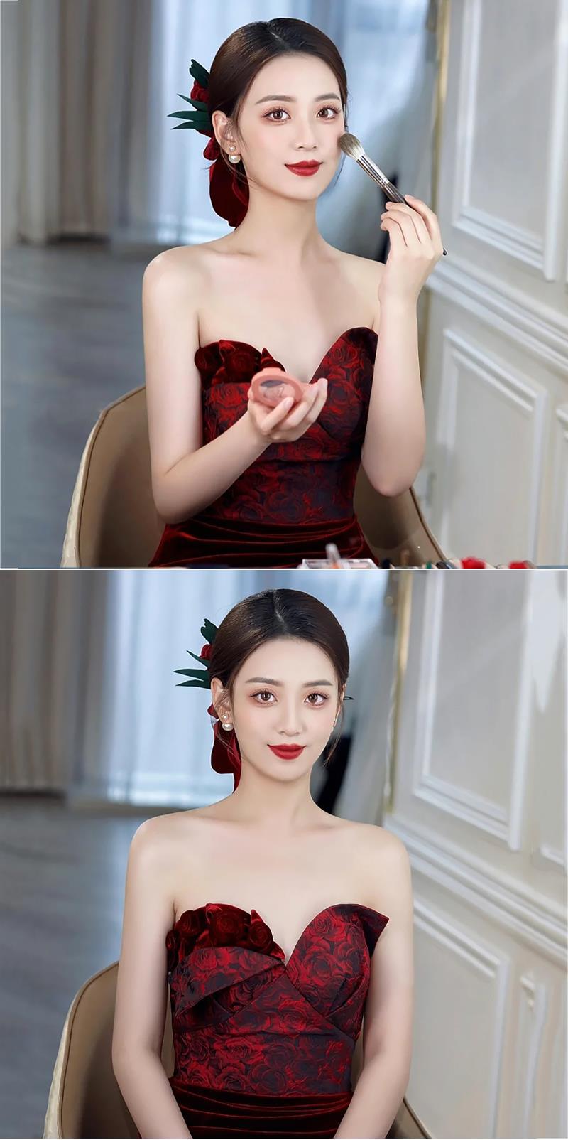 敬酒服头饰新娘森系仙酒红色郁金香花朵发簪绒布发带婚礼服配饰