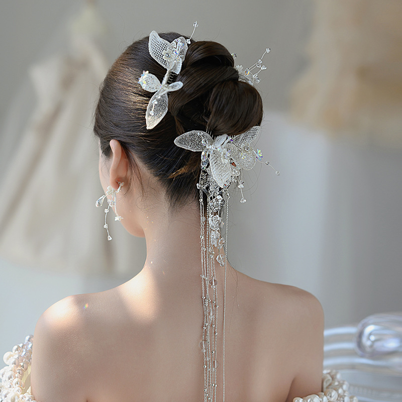 新娘頭飾韓式超仙白色水晶高級森系頭飾女新娘婚紗發梳發釵發飾品