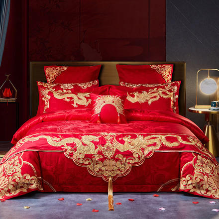 龙凤配100s长绒棉刺绣四件套大红结婚婚房床上用品