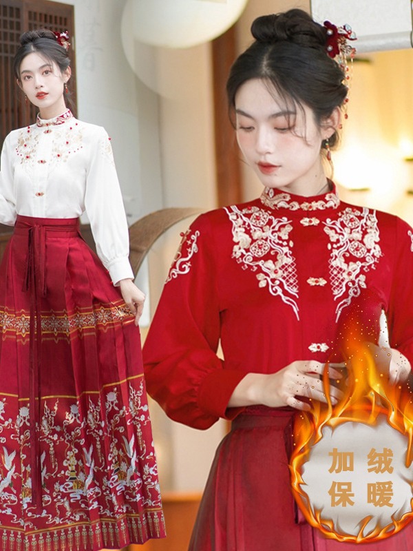 新中式国风敬酒服刺绣加绒衬衫一片式超大摆妆花织金高端马面裙
