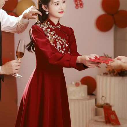 旗袍敬酒服新娘冬季订婚连衣裙2023新款红色结婚小礼服女长袖秋冬