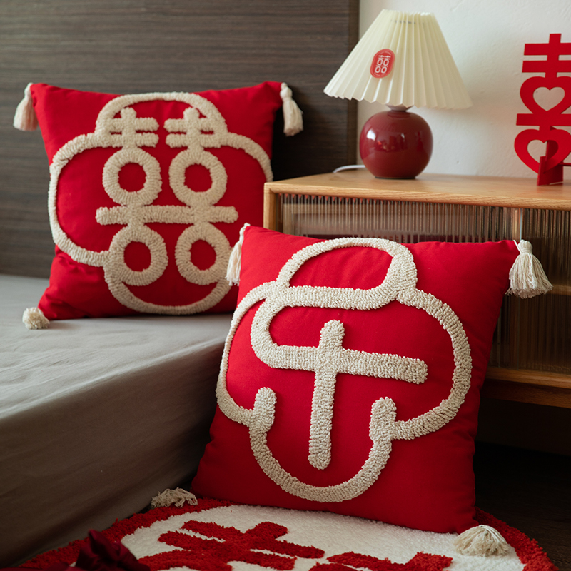【包郵1對】ins高檔紅色結婚刺繡抱枕一對新人禮物創意靠枕
