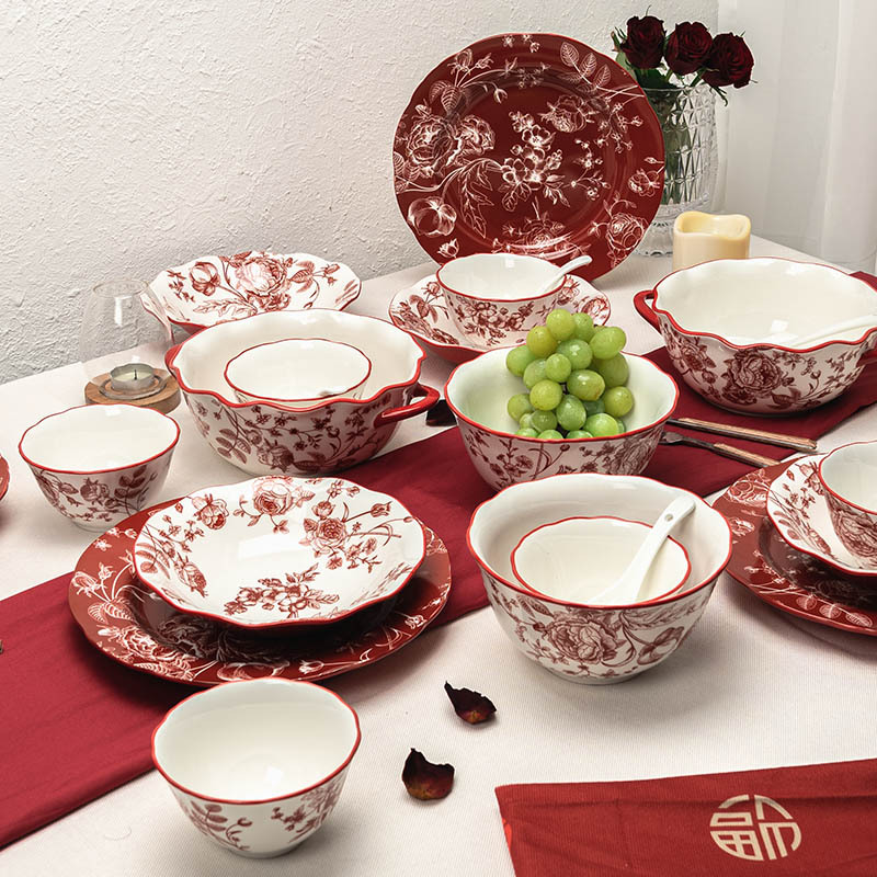 紅玫瑰陶瓷餐具輕奢高級感碗盤結婚送禮結婚訂婚家用喬遷高顏值盤子碗具