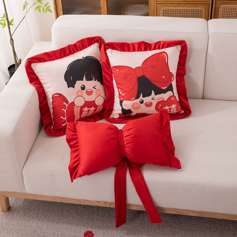 結婚喜慶壓床抱枕新婚沙發客廳床上紅色大蝴蝶結靠墊枕套婚房布置