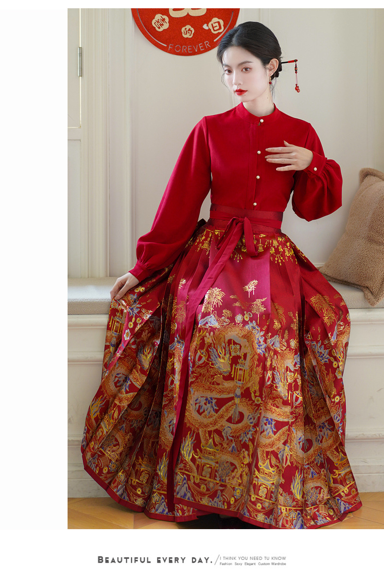 實拍新中式古典斜紋磨毛厚款一片式鳳凰妝花織金刺繡馬面裙套裝