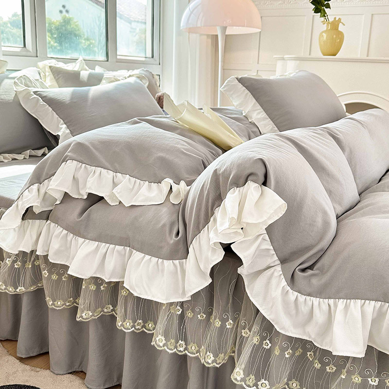 【5色可選】公主風水洗棉床上四件套床裙款少女心床品床單被套被罩