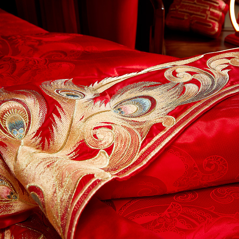 新中式婚房大紅色刺繡婚慶四件套喜結婚婚禮床旗床上用品十件套