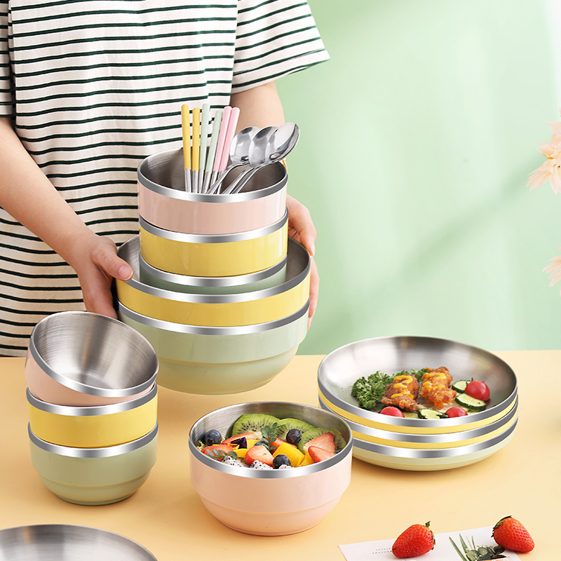 壹麦304食品级不锈钢碗盘筷勺餐具便携家用水果盆简约组合套装
