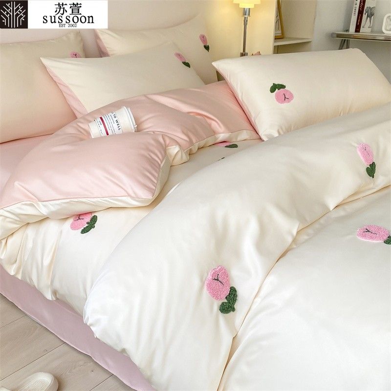 床上用品四件套韓式網紅風冰絲床上心裸睡白色床品被套床單三件套