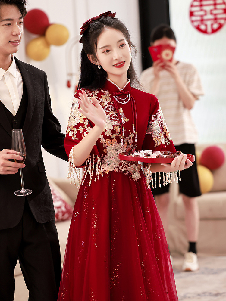 旗袍敬酒服新娘中式酒紅色回門便裝結婚當天禮服女訂婚高級感冬季