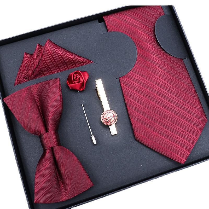 【现货速发】【礼服5件套】结婚新郎领带正装商务领结方巾领带夹免打拉链手打8cm