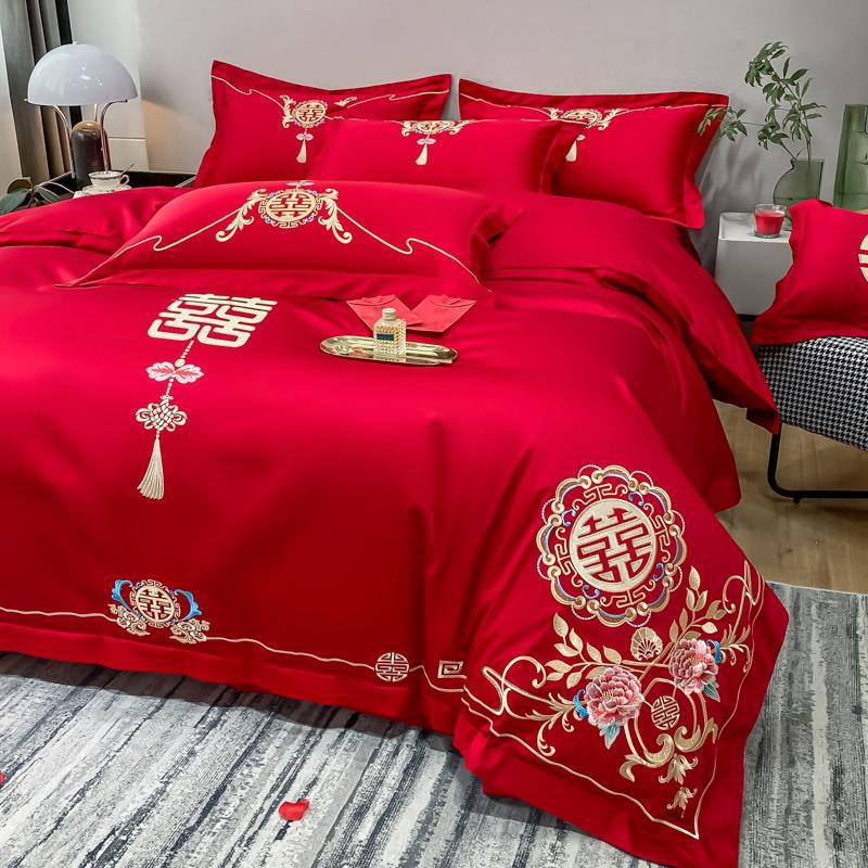 高檔奢華中式刺繡婚慶女兒陪嫁四件套大紅色床單被套結婚床上用品結婚床上