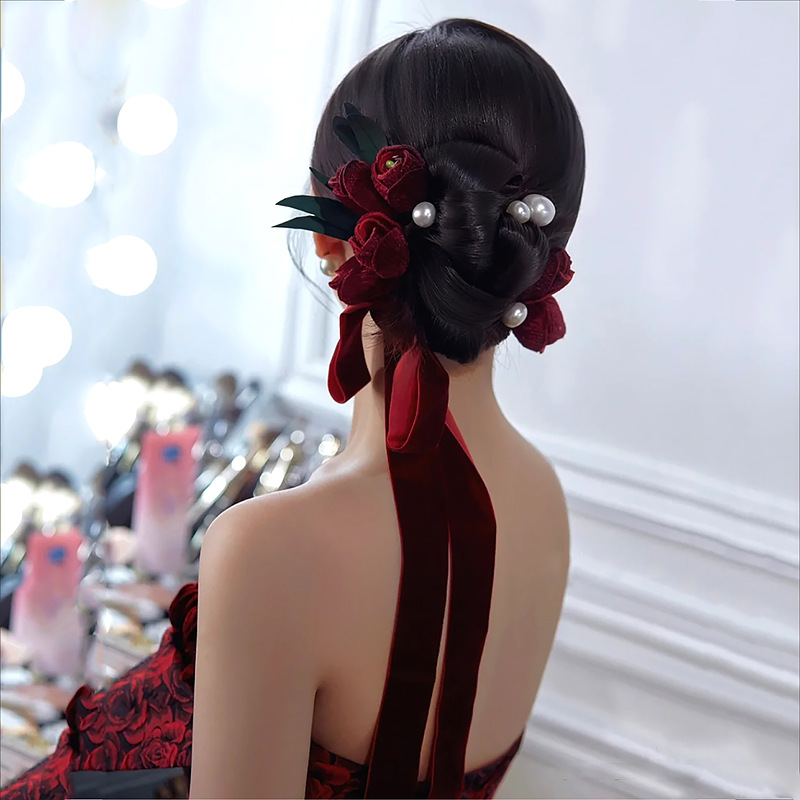 敬酒服头饰新娘森系仙酒红色郁金香花朵发簪绒布发带婚礼服配饰