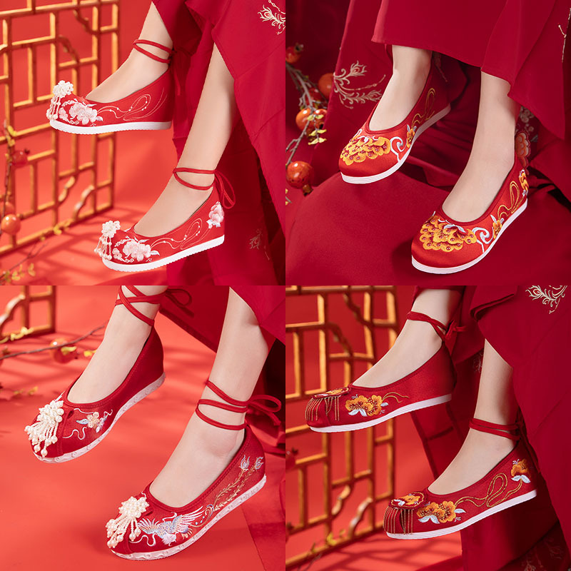 民族風中式紅色刺繡敬酒服珍珠布鞋老北京古風流蘇秀禾新娘鞋婚鞋