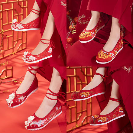 民族风中式红色刺绣敬酒服珍珠布鞋老北京古风流苏秀禾新娘鞋婚鞋