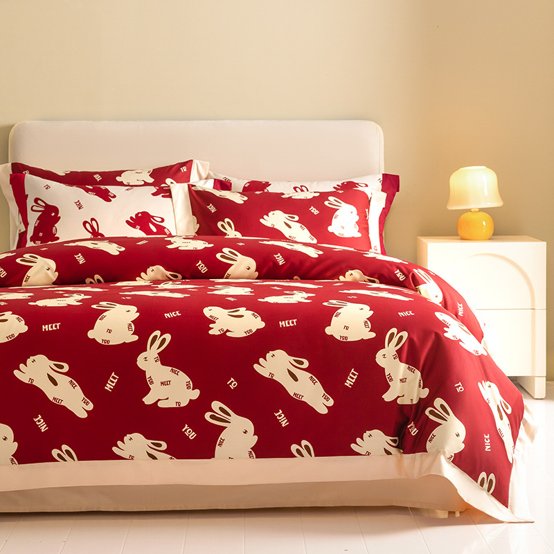100支新疆长绒棉印花四件套可爱兔红色婚庆全棉被套床单床上用品
