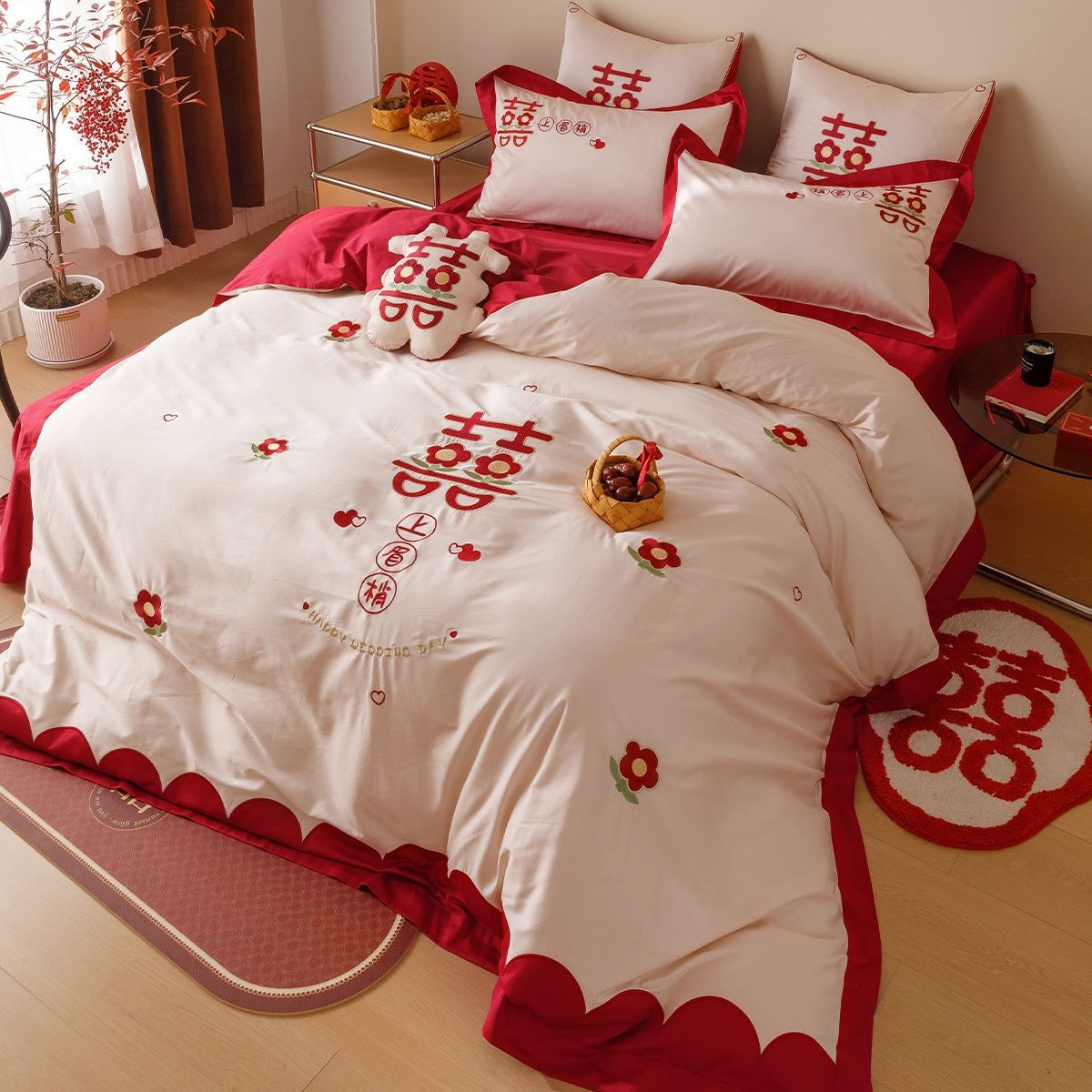 新中式婚慶床品四件套全棉100支長絨棉雙喜繡花紅色結婚被套床單
