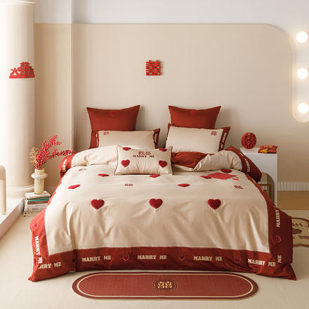 少女心婚庆100支长绒棉四件套爱心红色被套全棉结婚床上用品1.8米