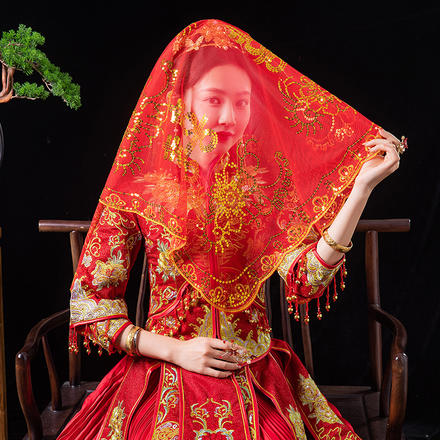 枝花六喜红盖头蒙头巾秀禾服喜帕出嫁中式新娘软头纱