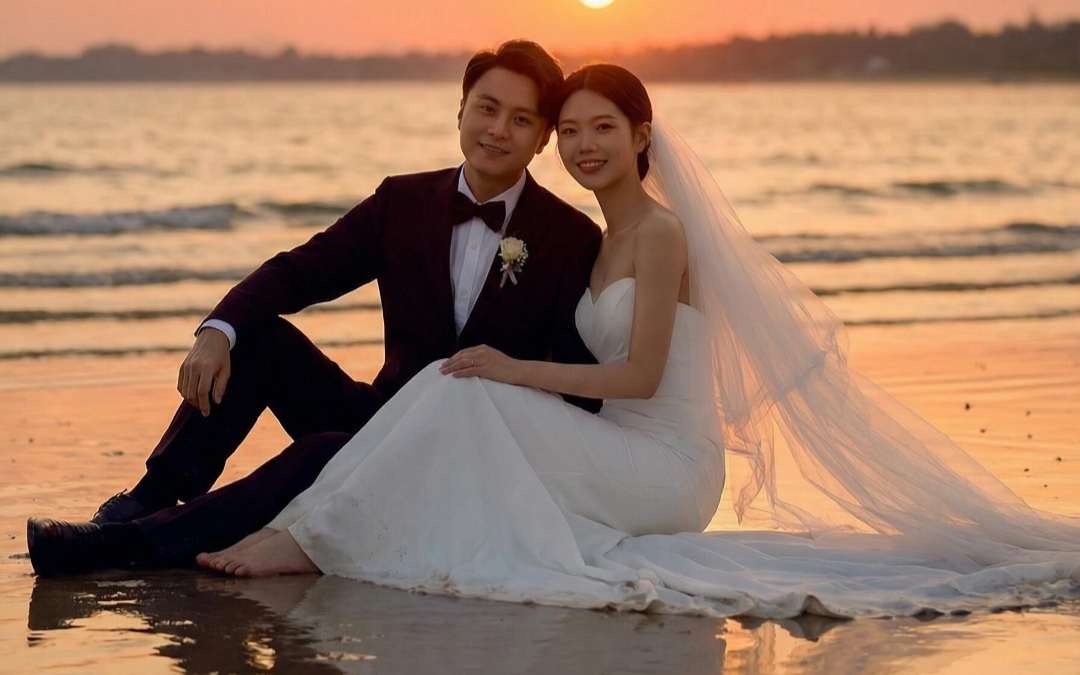 夕阳海景婚纱照｜氛围感拉满
