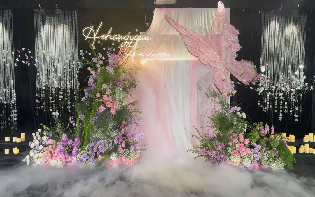 粉色系花園主題，水晶配飾與手工歐根紗裝飾的組合