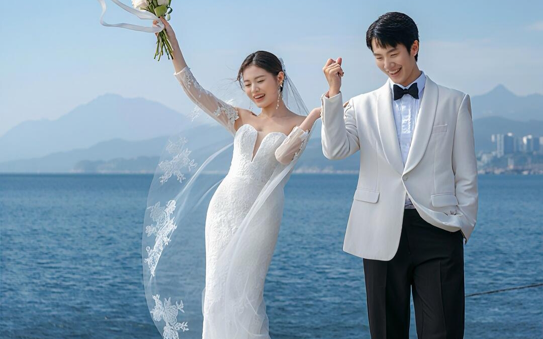 海風輕拂，白紗飛揚，鏡頭定格我們的笑與光。