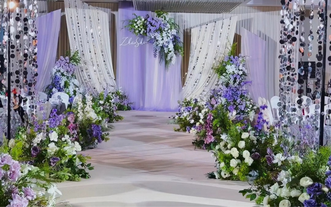 韓式白紫布幔婚禮布置