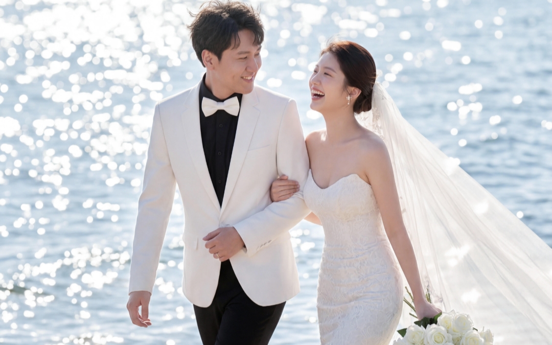 波光粼粼的海景婚紗照