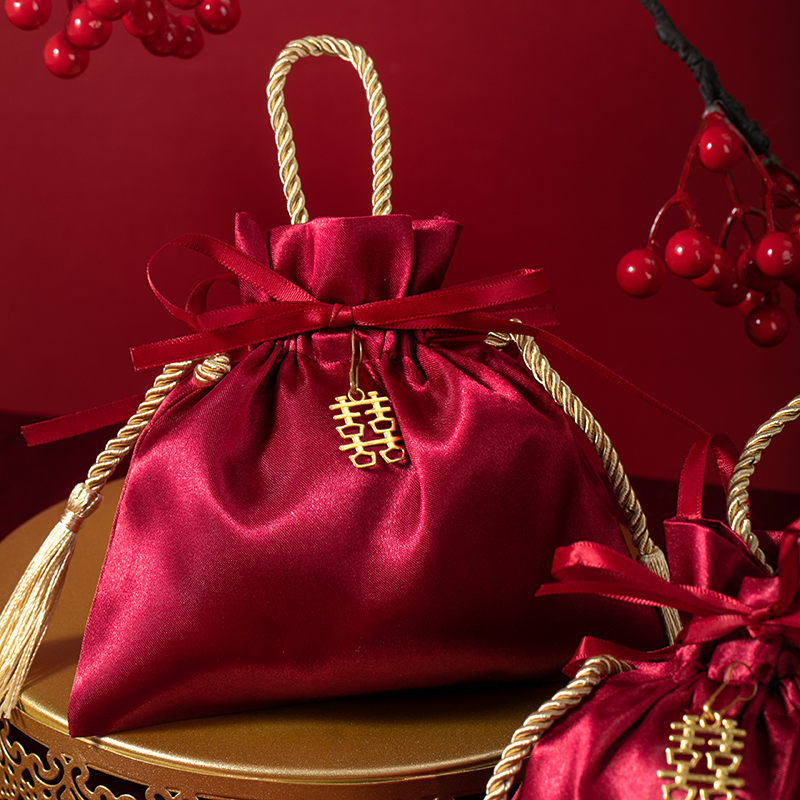 50個 貢緞喜糖袋金流蘇喜字款