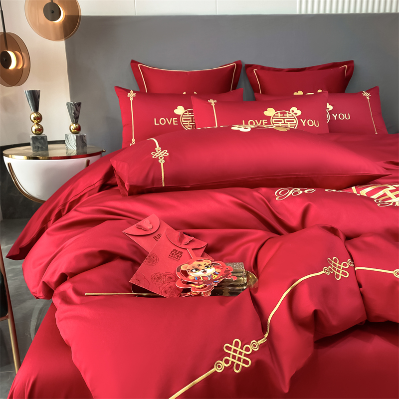 新款水洗磨毛刺繡四件套婚慶系列959611（床單+被套+2個(gè)枕套））